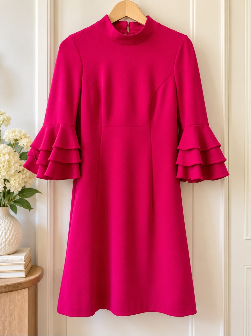 Trina Turk Fuchsia Hot Pink Ruffle Bell Sleeve Mock Neck Shift Dress Size 4